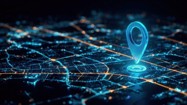 A glowing blue location pin marks a specific destination on a digital city grid map. This represents smart navigation and advanced urban planning technology.
