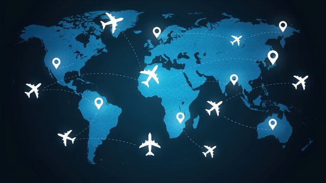 Silhouettes of airplanes fly across a glowing blue world map with navigation pins on a dark background. International aviation and global flight tracking concept for travel.