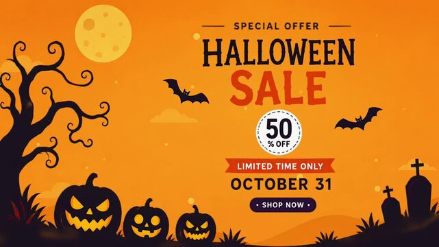 Halloween Special Offer Sale Animation with Pumpkins, Haunted House and 50 Percent Discount, Spooky Holiday Promotion Motion Graphic