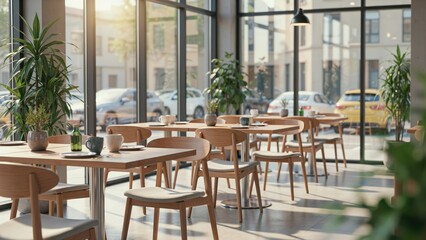 Fototapeta premium Sunlit interior of a modern restaurant with wooden furniture and large windows overlooking a street. Perfect for travel, dining, or interior design concepts.