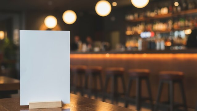A blank paper menu stand on a wooden table in a dimly lit modern bar. Ideal for restaurant branding and promotional mockup designs.