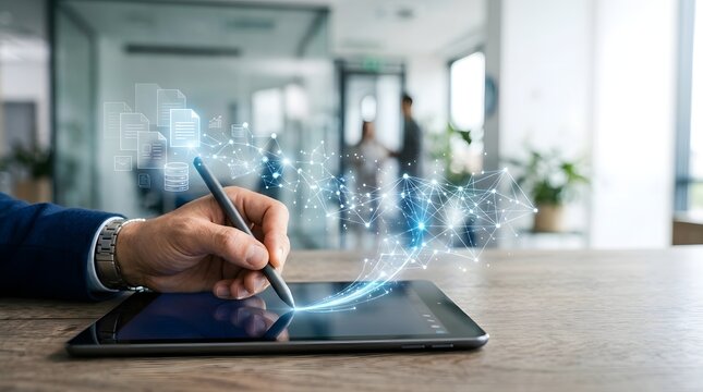 Hand holding stylus over digital tablet with floating data network visualization connection technology interface abstract lines