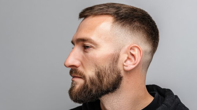 Stylish profile portrait of a man with short hairstyle and beard on a neutral background showcasing modern male grooming