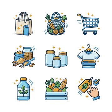 Sustainable Living and Eco-Friendly Shopping Icons Illustration Set for A 569