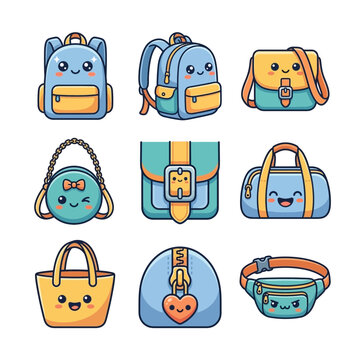 Set of Cute Kawaii Backpacks and School Bags Illustration for Youth Fashion and Accessories Design