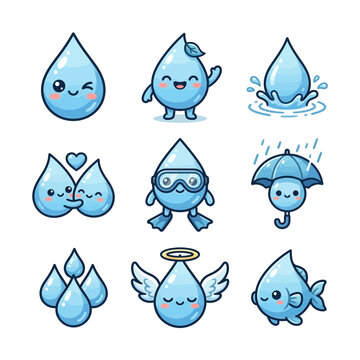 Set of nine cute water drop characters in different poses, kawaii style icons on white background