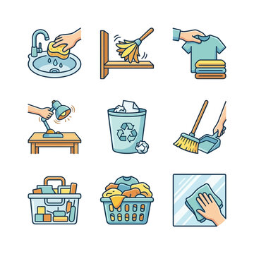 Collection of hand drawn icons representing domestic house cleaning chores and home maintenance.