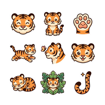Collection of Cute Tiger Cub Illustrations Featuring Various Playful Poses and Expressions