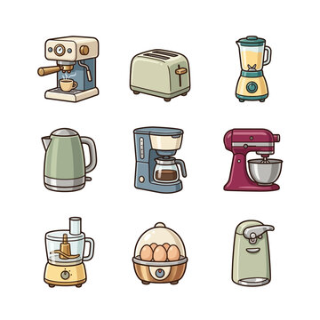 Collection of Various Household Kitchen Appliances Illustrated in a Set for Culinary Preparation Tasks