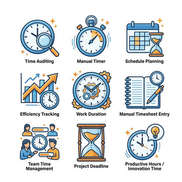 Set of Time Management and Business Productivity Icons Illustrating Workflow Efficiency Processes