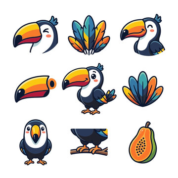 Collection of cute toucan bird characters and tropical fruit stickers isolated on white background.