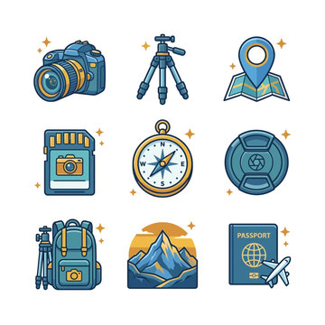 Travel Photography Adventure Equipment Icon Set for Vacation and Exploration Journeys
