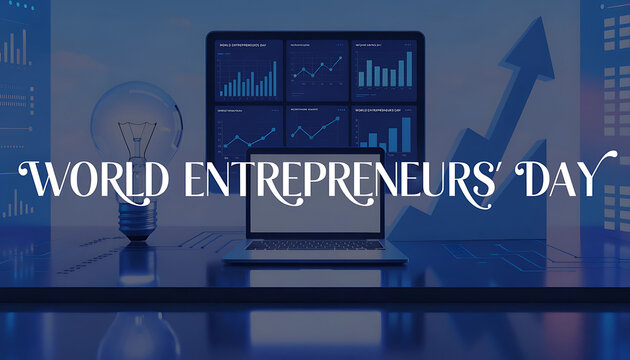 World Entrepreneurs Day with laptop, monitor displaying charts, and light bulb entrepreneurship business