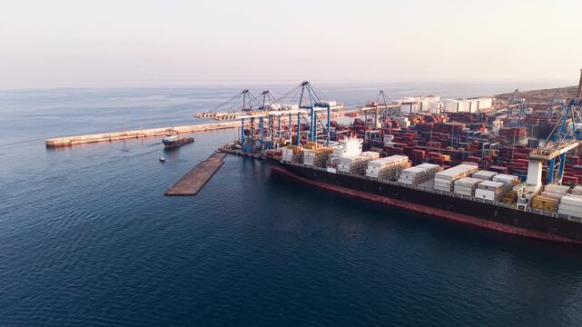 MFT Birzebbugia, Malta - August 10, 2026: Container ship at Malta Freeport terminal during golden hour sunset - Aerial push in 