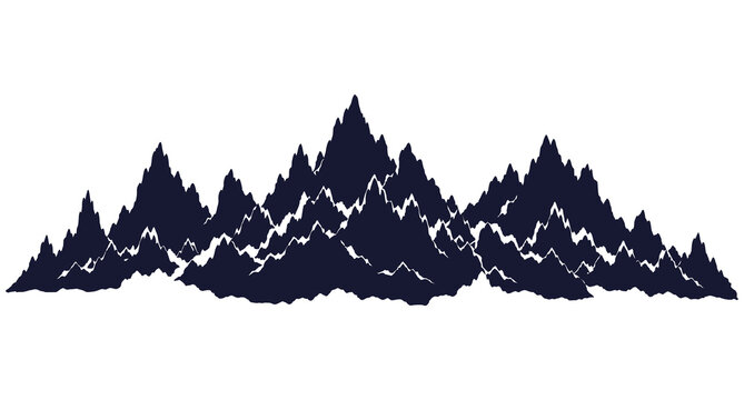 Dark blue mountain range silhouette with layered rocky peaks and jagged ridges, horizontal panoramic outdoor nature landscape graphic illustration cutout on transparent background.