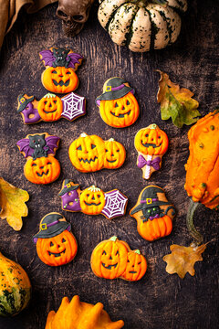 Halloween cookies in shape of pumpkin jack-o-lantern