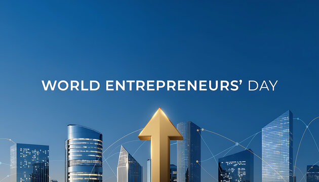 World Entrepreneurs Day with golden arrow and modern city skyline entrepreneurship business