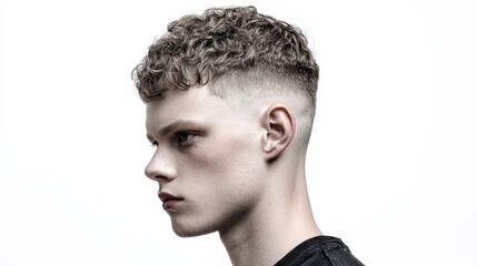 Obraz premium Young Man with Curly Hair and Fade Haircut in Profile View against a Minimalist White Background