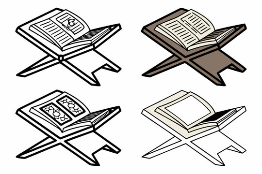Ornate rehal book stands displaying open holy scriptures shown as a collection of four distinct artistic hand drawn vector designs