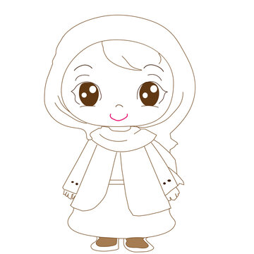 Cute muslim girl character vector illustration wearing hijab line art design.