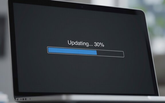 A close-up of a laptop screen showing a progress bar for a software update. This represents system maintenance and digital technology advancements in business.