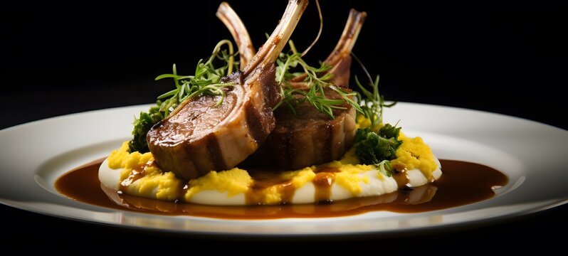 A fine dining plate featuring gourmet rack of lamb chops plated to perfection with crispy goat cheese polenta,generative AI