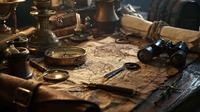 Antique navigation tools and treasure map spread on a rustic wooden table with soft dramatic lighting