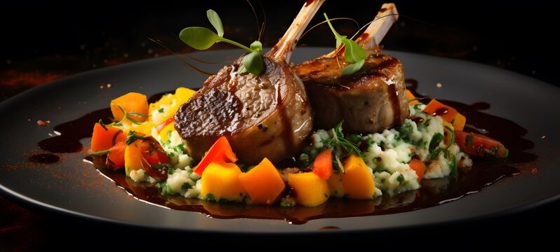 A fine dining plate featuring gourmet rack of lamb chops plated to perfection with crispy goat cheese polenta,generative AI