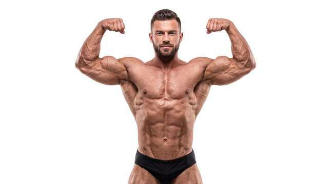 Muscular bodybuilder flexing biceps in front double biceps pose, athletic man with defined abdominal muscles, fitness model showing physique isolated PNG with Transparent Background