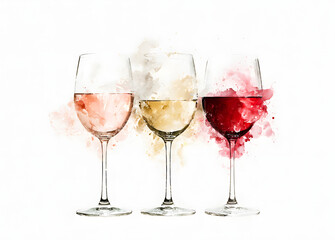 Fototapeta premium Set of watercolor wine glasses (rosy, ivory, scarlet), as isolated items