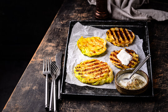 Grilled or roasted cabbage steaks vegan diet healthy food