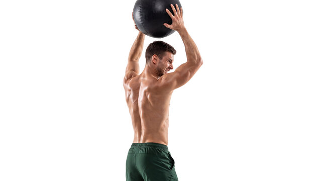 Athletic shirtless man lifting medicine ball, muscular male athlete training with heavy slam ball, fitness workout for core strength isolated PNG with Transparent Background