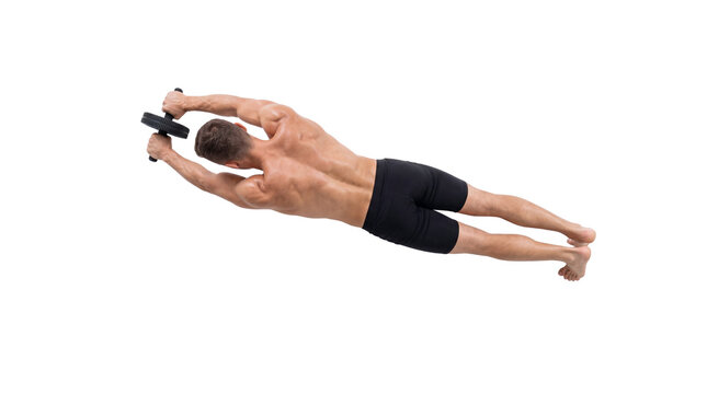 Athletic man using ab roller for core workout. Muscular male athlete training with abdominal wheel. Fitness exercise for strength. isolated PNG with Transparent Background
