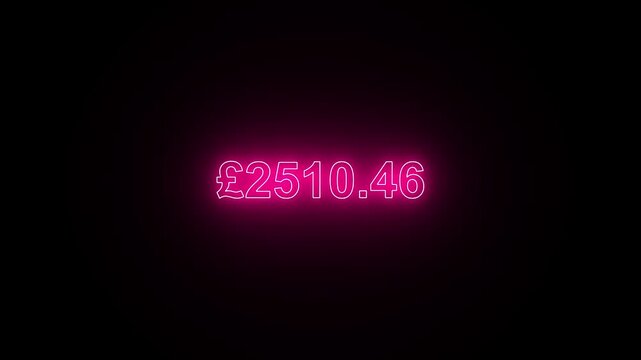 Glowing pink neon British pound counter increasing money value on black