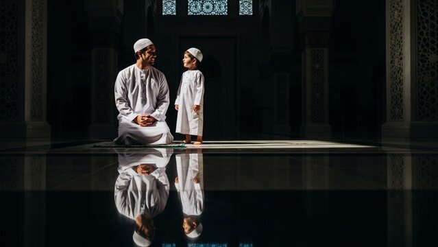 Father and son sharing a moment inside a beautiful mosque