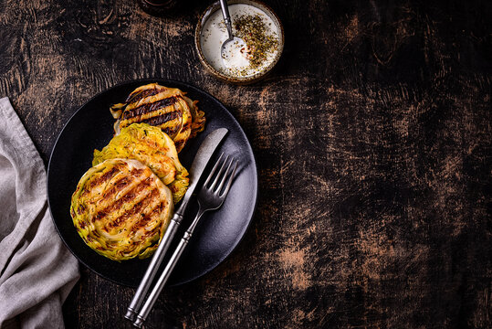 Grilled or roasted cabbage steaks vegan diet healthy food