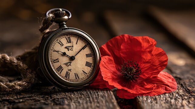 Antique pocket watch with vibrant red poppy on weathered wood surface during soft natural light