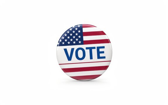 A circular campaign button featuring the United States flag and the word Vote isolated on white background. Useful for election day and political marketing materials.