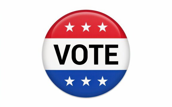 A red, white, and blue circular vote pin with stars isolated on white background. Ideal for political election campaigns and democratic voting awareness.
