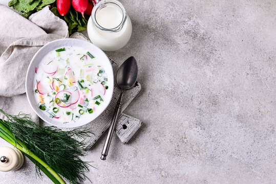 Okroshka traditional summer Russian cold soup with radish and ayran