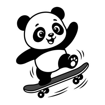 Cute panda riding a skateboard with playful motion, adorable animal character performing a fun skateboarding trick, clean black and white line art vector illustration