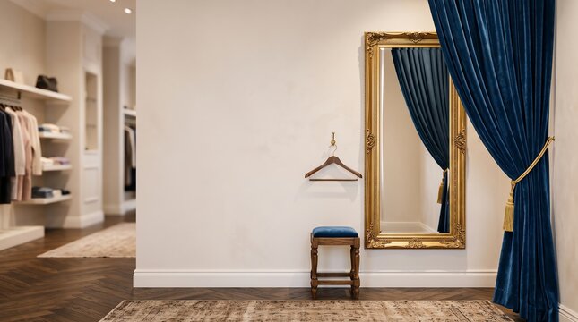fitting room with gold mirror and blue curtain in luxury boutique copy space