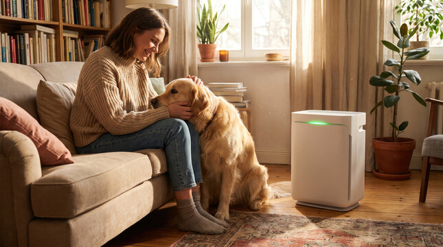 Woman petting golden retriever dog at home with air purifier in cozy living room