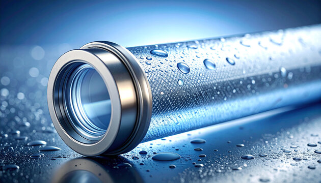 Metallic Pipe with Water Droplets: A close-up, macro shot of a polished metallic pipe's end, threaded for connection, glistens with numerous water droplets, suggesting its use in fluid systems.