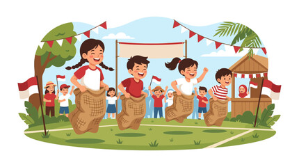 Fototapeta premium Indonesian children playing sack race at festival.