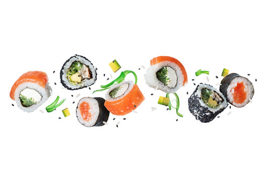 Floating of various sushi rolls with ingredients in the air