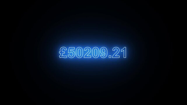 Blue neon British pound money counter rising animated element on black background