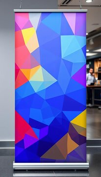 Roll-up banner stand template design with blue polygon background, vector, flyer