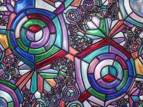 Multicolor Geometric Fractal Stained Glass Art - Concentric circular kaleidoscopic mosaic pattern with lead came borders and colorful opalescent glass panels texture