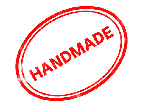 Red handmade stamp icon, oval rubber seal for artisan products, glossy red handmade label for craft packaging and retail